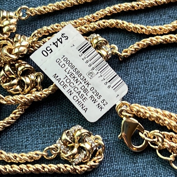 Love Knot Double Row Necklace Sprinkled with Glittering Rhinestones Golden NWT - Picture 9 of 9
